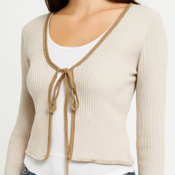 Hansen and Gretel Ribbed Tie Front Neutral Cardigan Top Size Small $229 - Picture 1 of 7